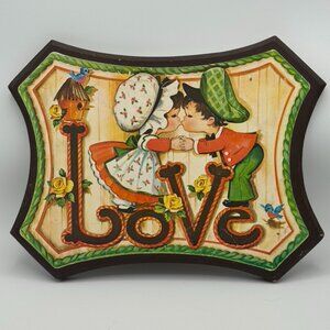 1970s vintage retro love wood plaque decor kissing girl boy